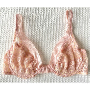 Natori Size 34C Sheer Lace Underwire Bra Pink Gold Floral